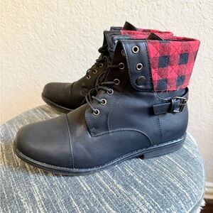 Black and Red Plaid Fold-Over Boots